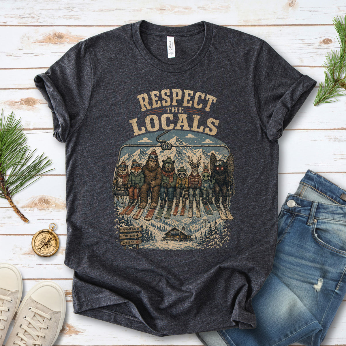 Respect the Locals Ski Lift Mountain Crew Shirt – Winter Wildlife & Cryptid Ski Tee
