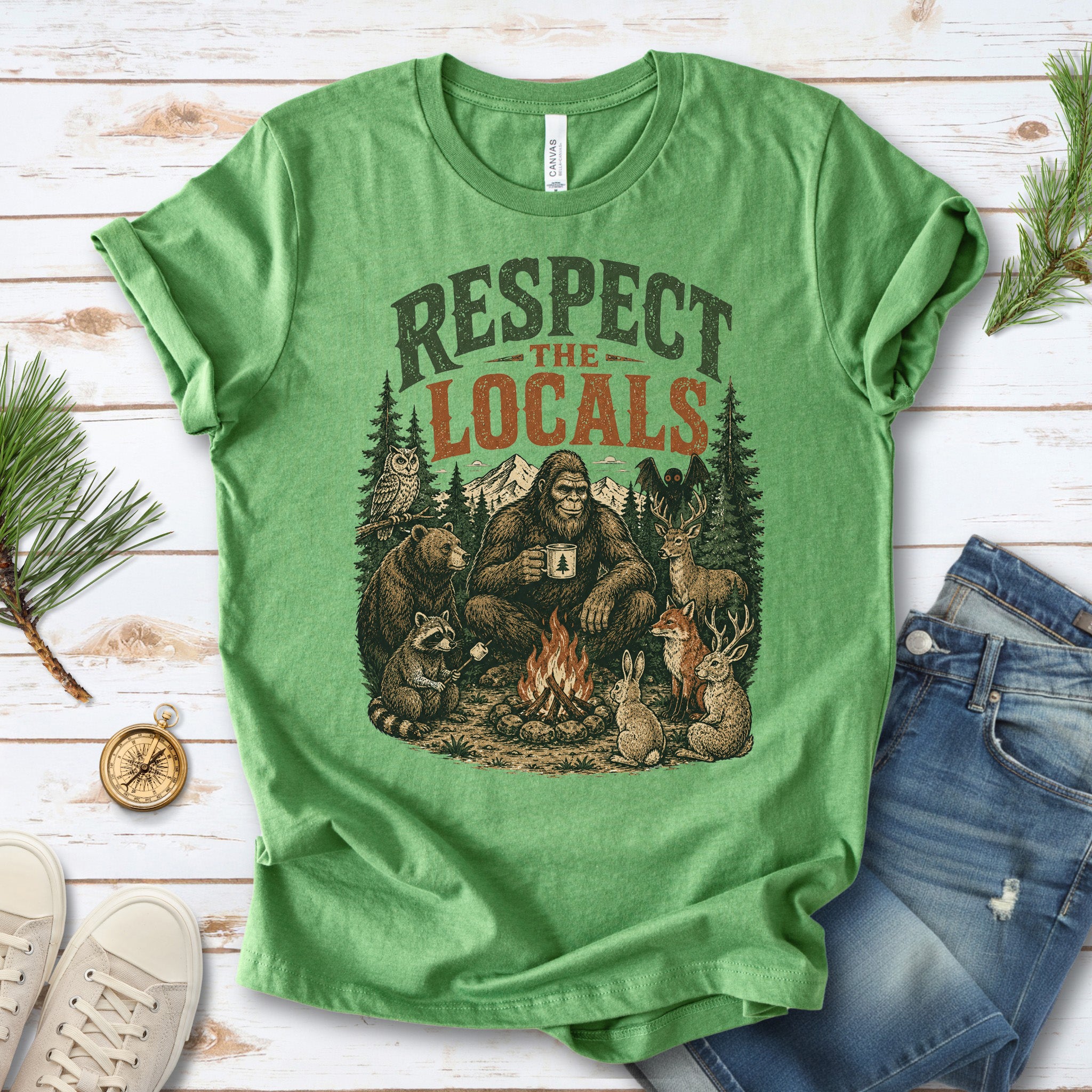Respect the Locals Campfire Bigfoot Cryptid Wildlife Camping T-Shirt