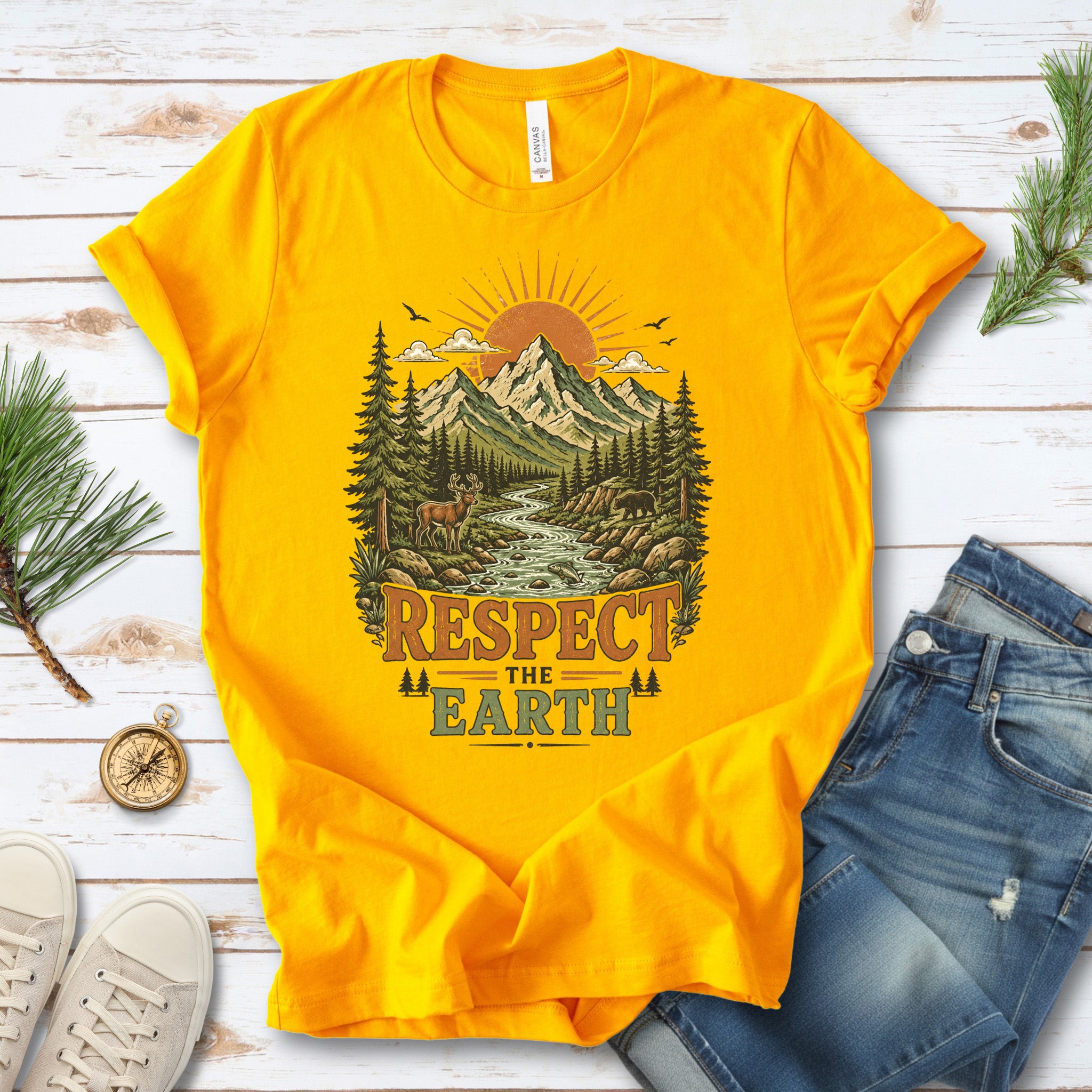 Respect the Earth Retro Mountain Wildlife Nature Lover Eco T-Shirt