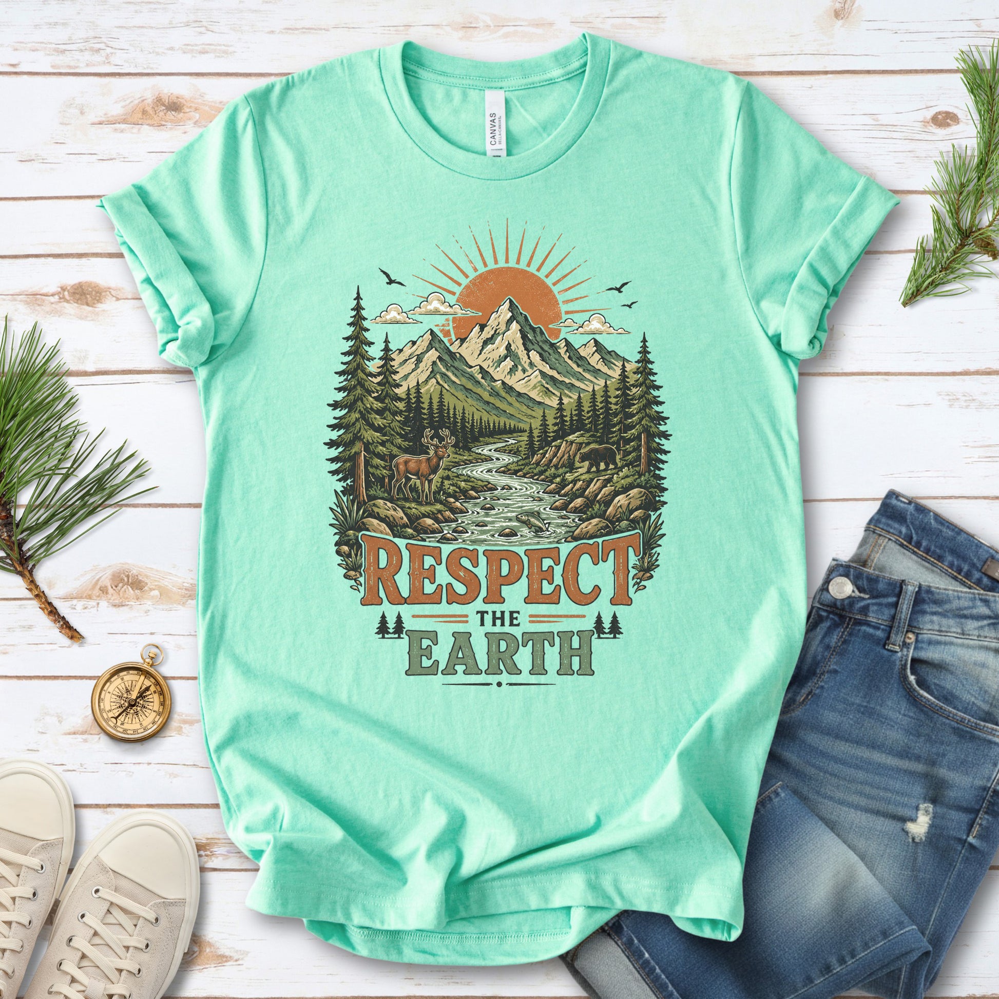 Respect the Earth Retro Mountain Wildlife Nature Lover Eco T-Shirt