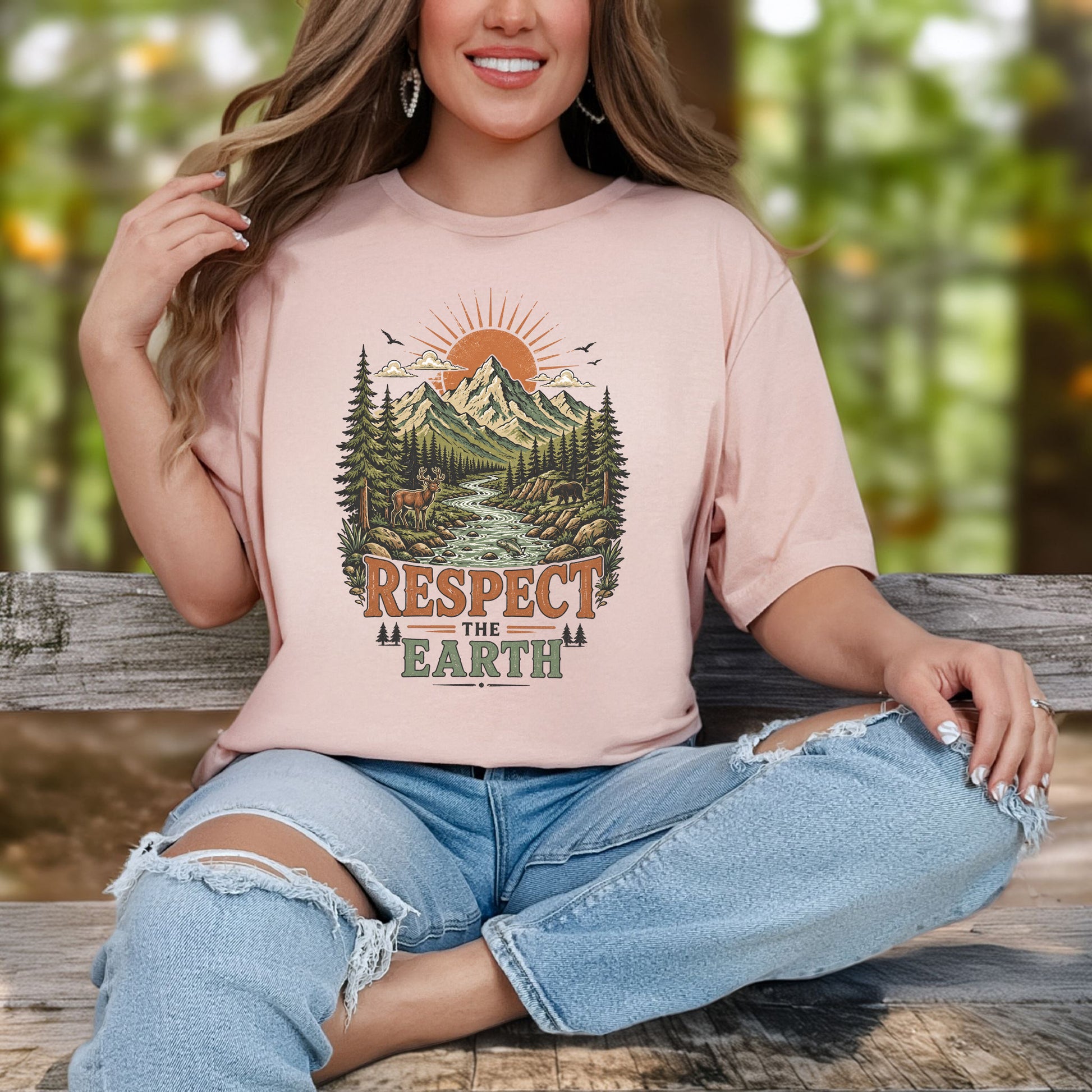 Respect the Earth Retro Mountain Wildlife Nature Lover Eco T-Shirt
