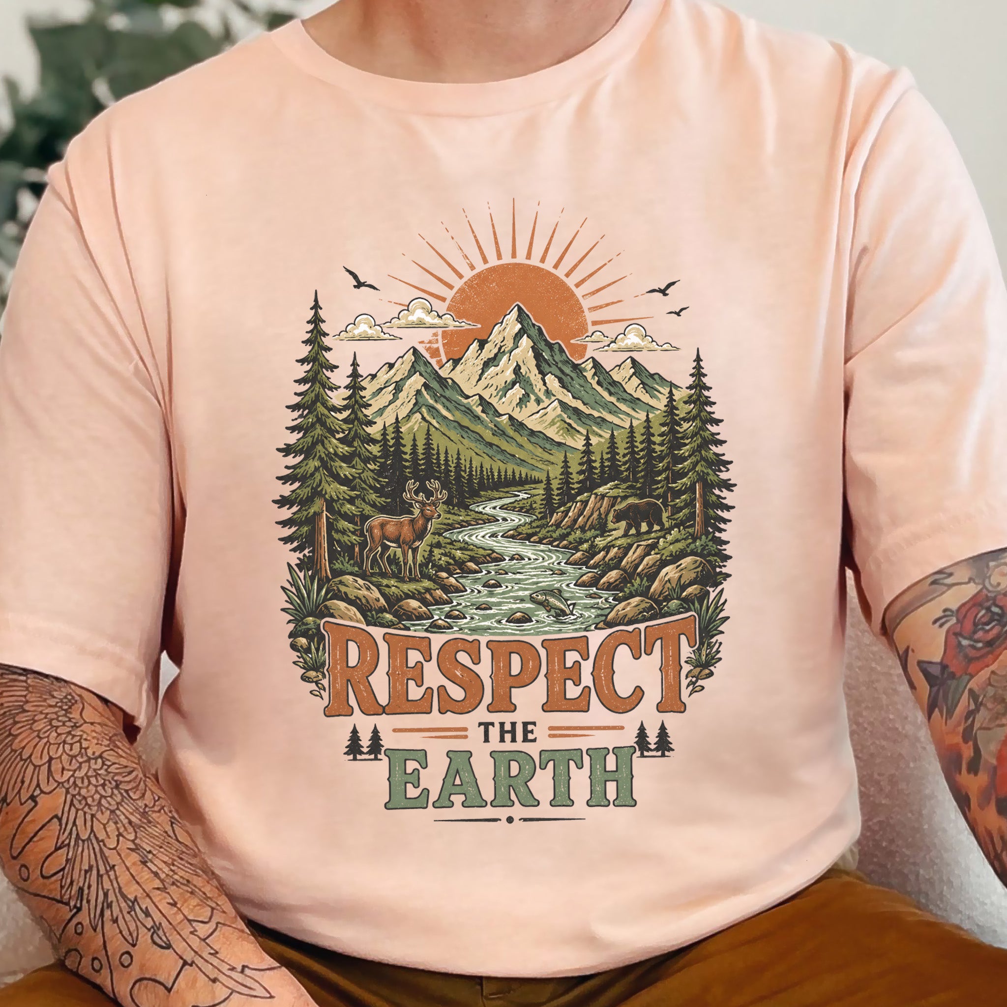 Respect the Earth Retro Mountain Wildlife Nature Lover Eco T-Shirt