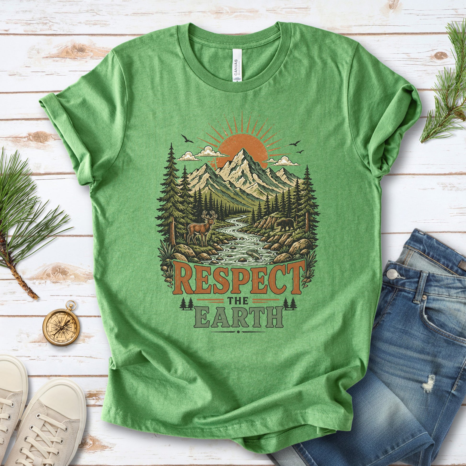 Respect the Earth Retro Mountain Wildlife Nature Lover Eco T-Shirt