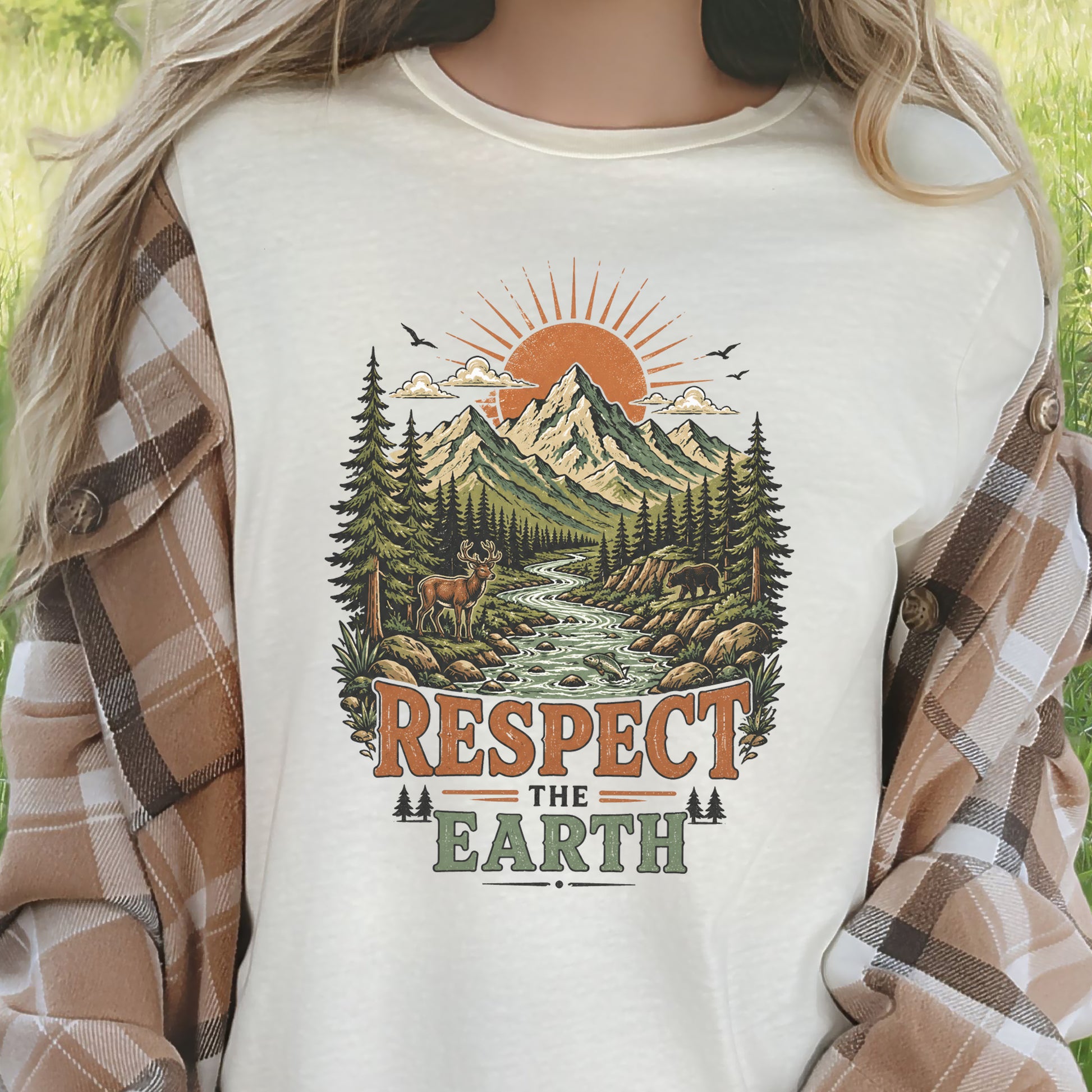 Respect the Earth Retro Mountain Wildlife Nature Lover Eco T-Shirt