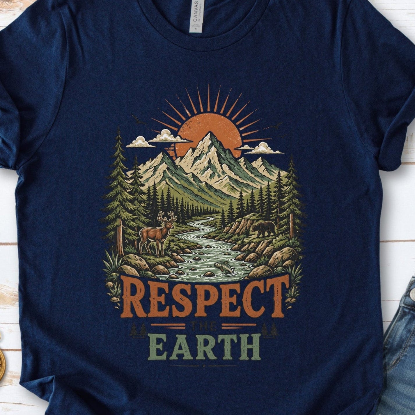 Respect the Earth Retro Mountain Wildlife Nature Lover Eco T-Shirt