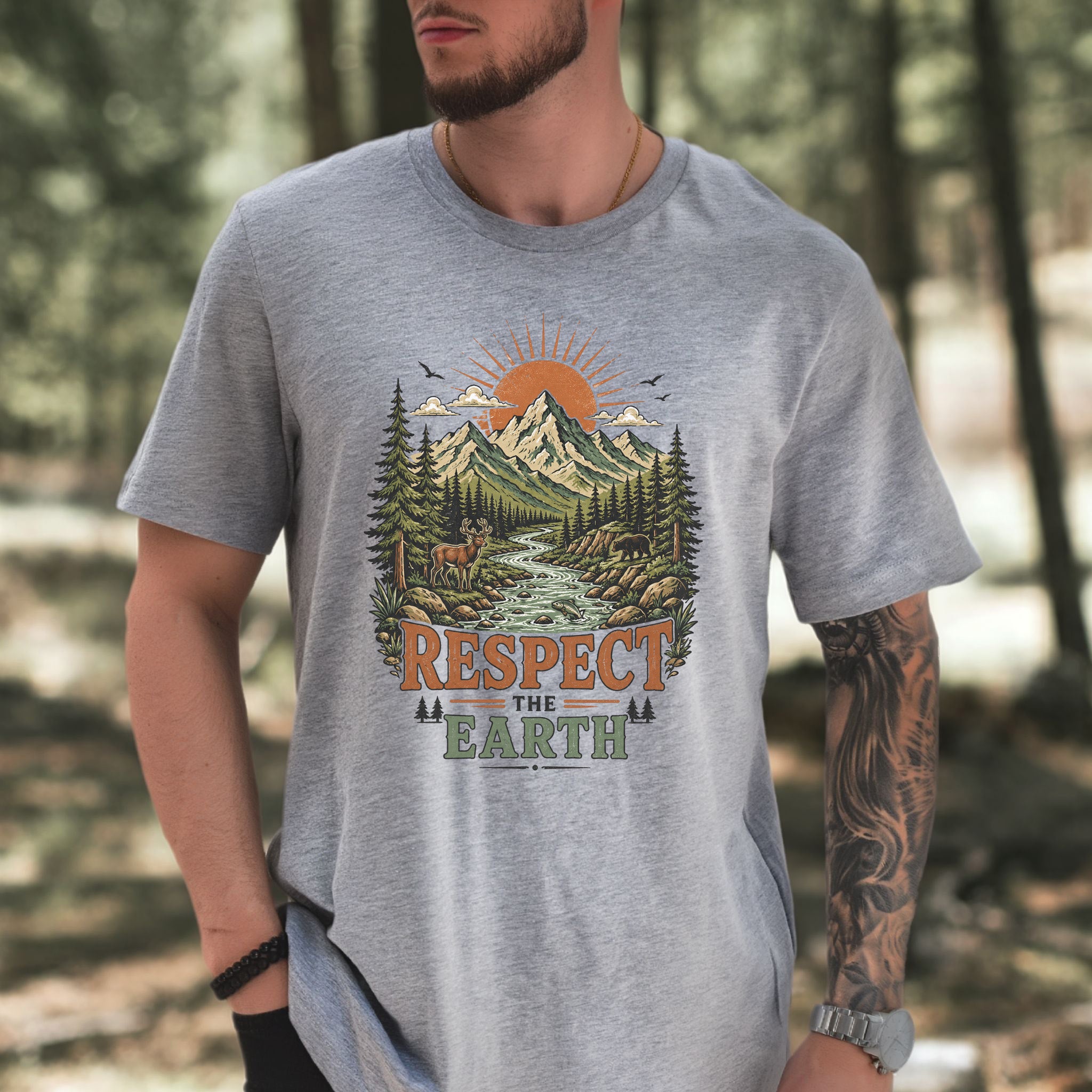 Respect the Earth Retro Mountain Wildlife Nature Lover Eco T-Shirt