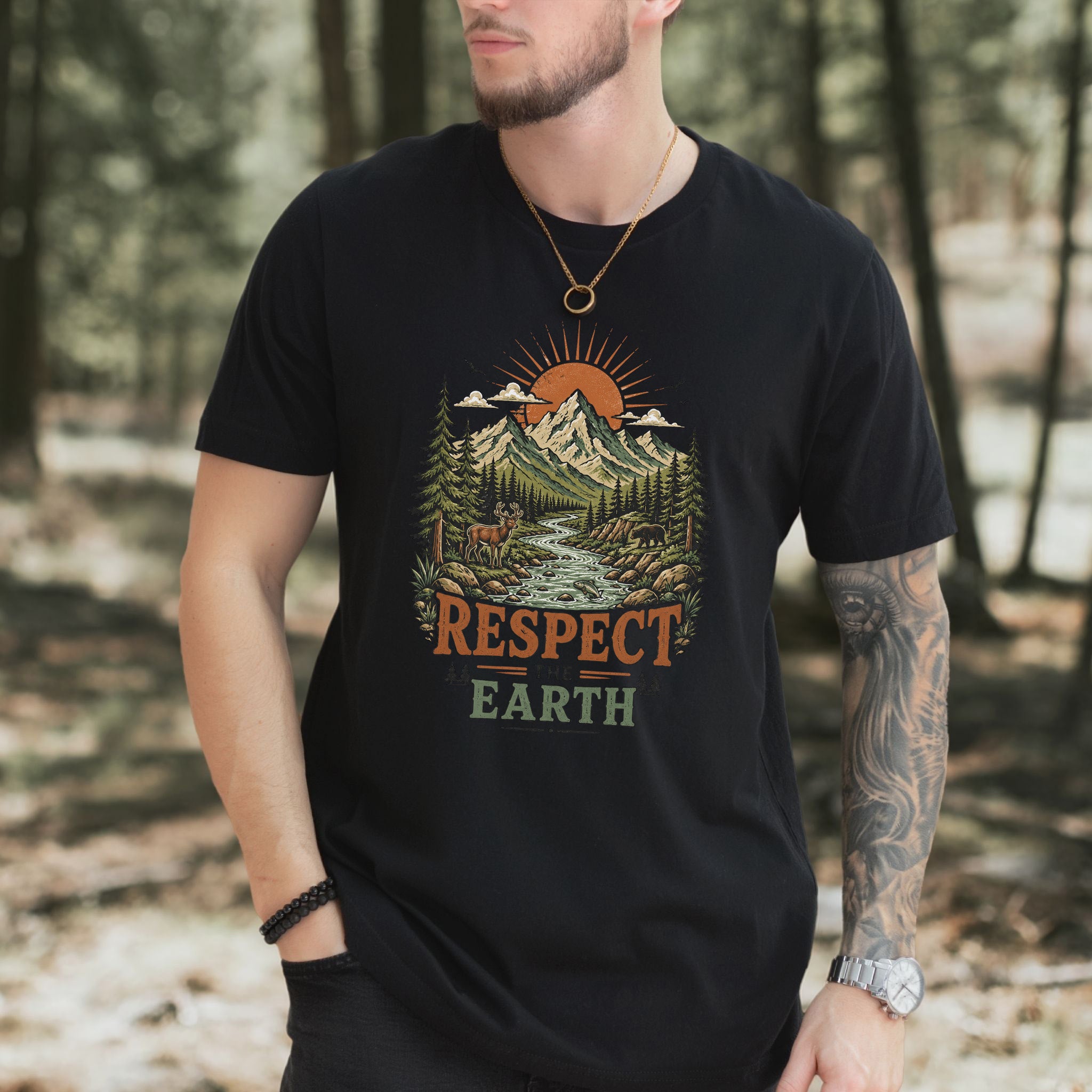 Respect the Earth Retro Mountain Wildlife Nature Lover Eco T-Shirt