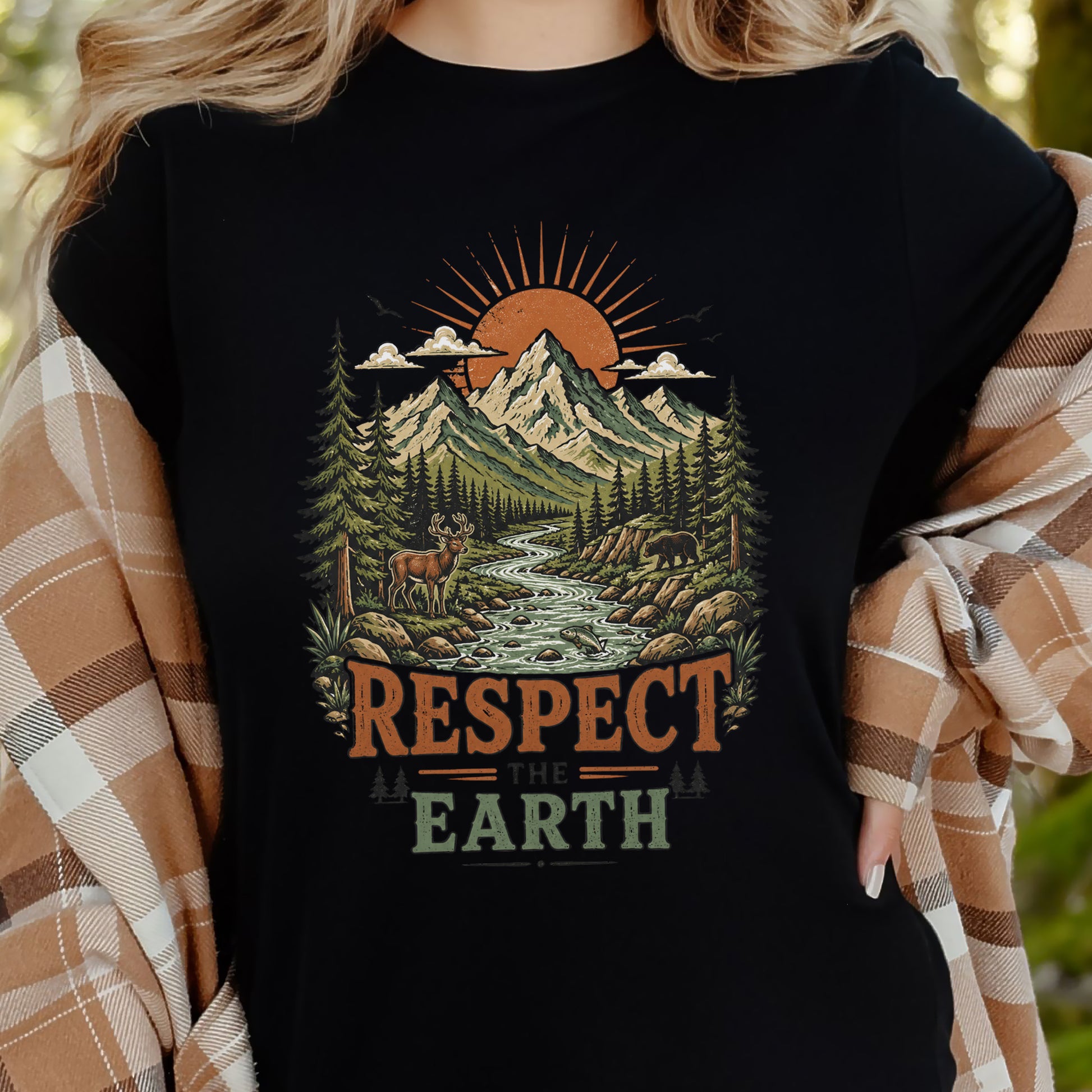 Respect the Earth Retro Mountain Wildlife Nature Lover Eco T-Shirt