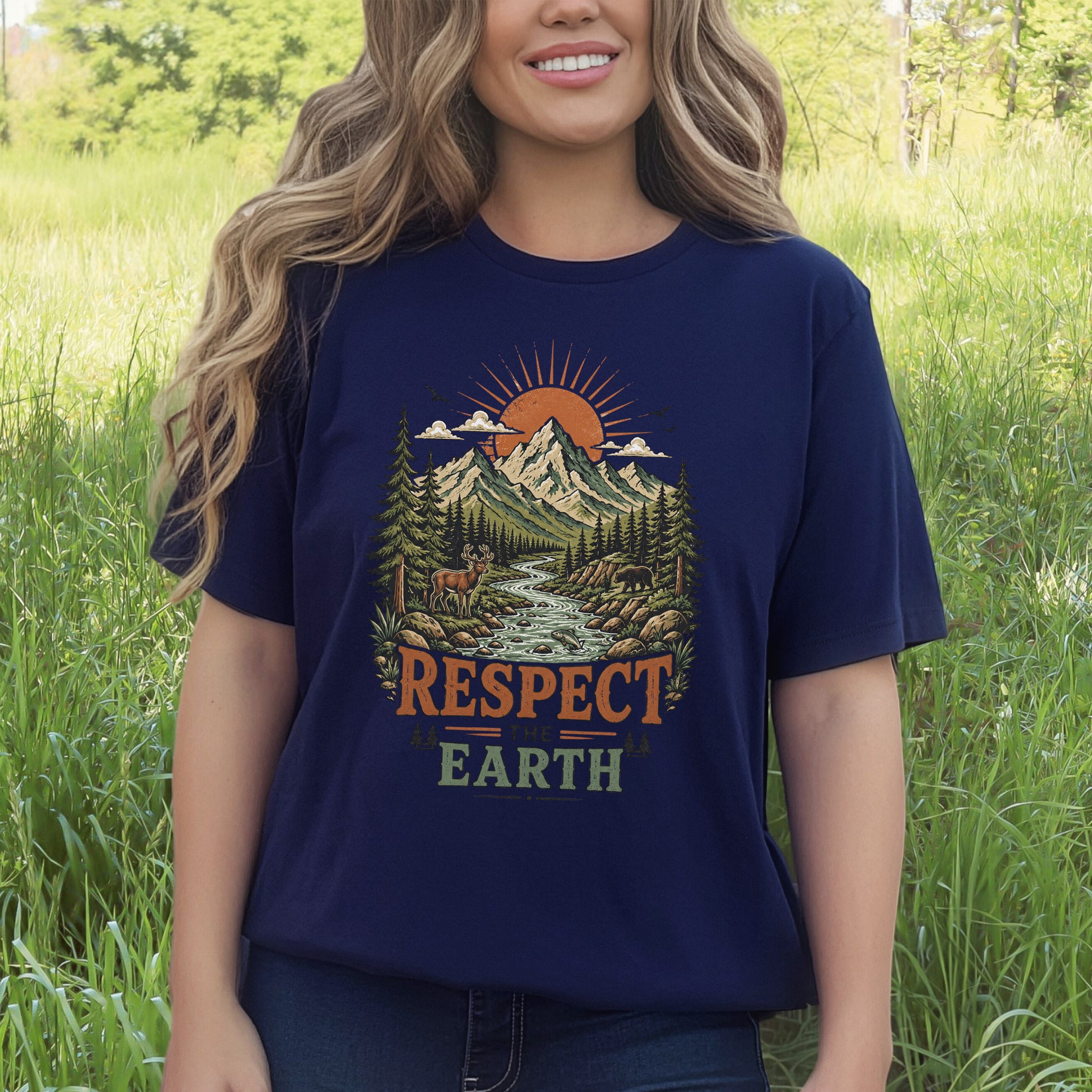 Respect the Earth Retro Mountain Wildlife Nature Lover Eco T-Shirt