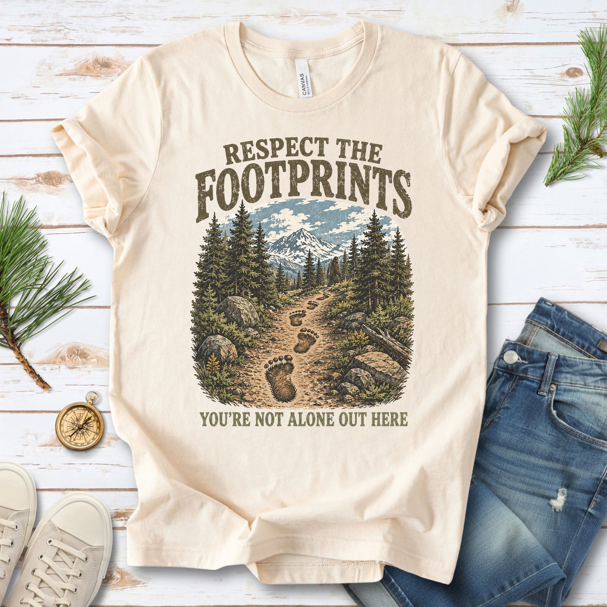 Respect the Footprints Bigfoot Sasquatch Hiking Humor T-Shirt