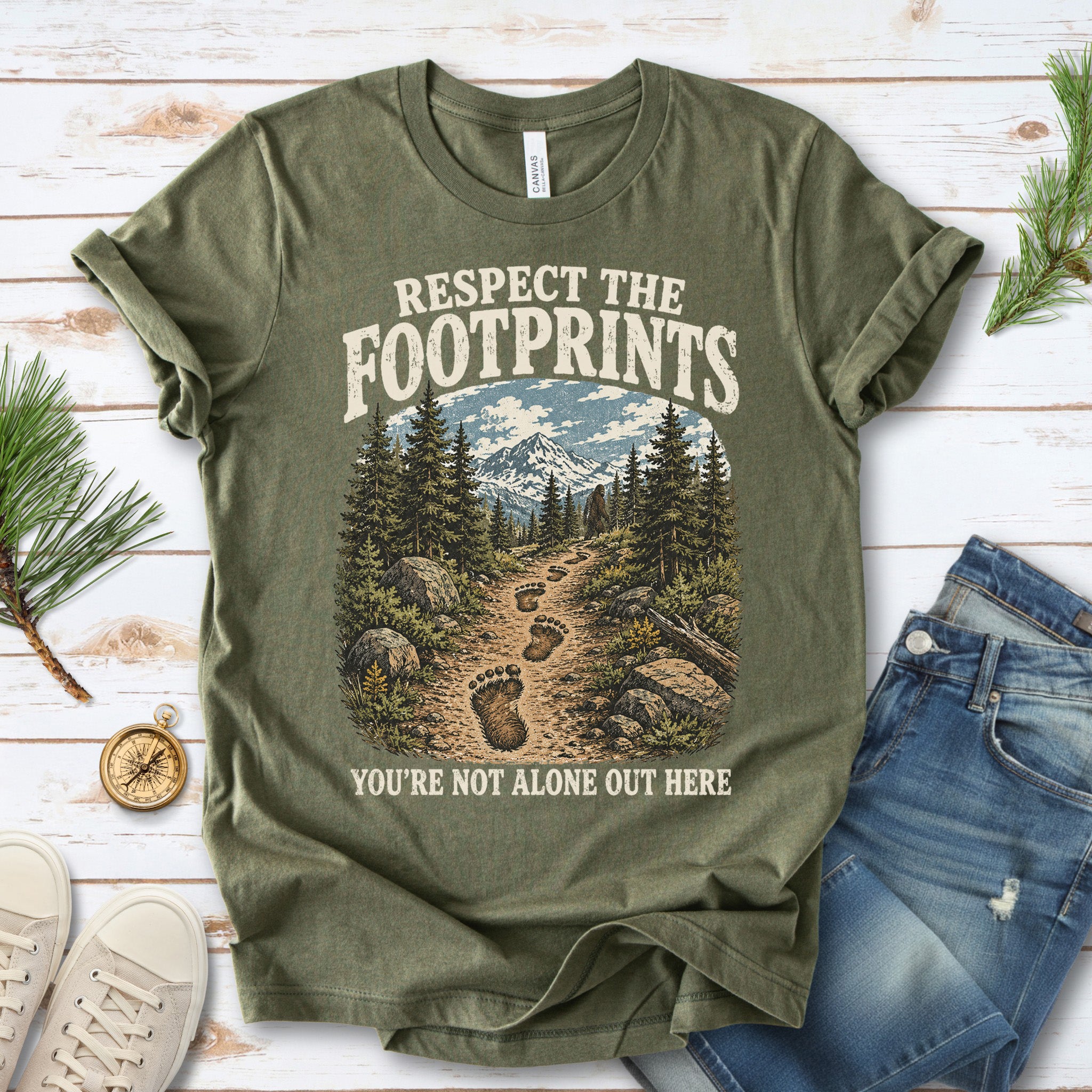 Respect the Footprints Bigfoot Sasquatch Hiking Humor T-Shirt
