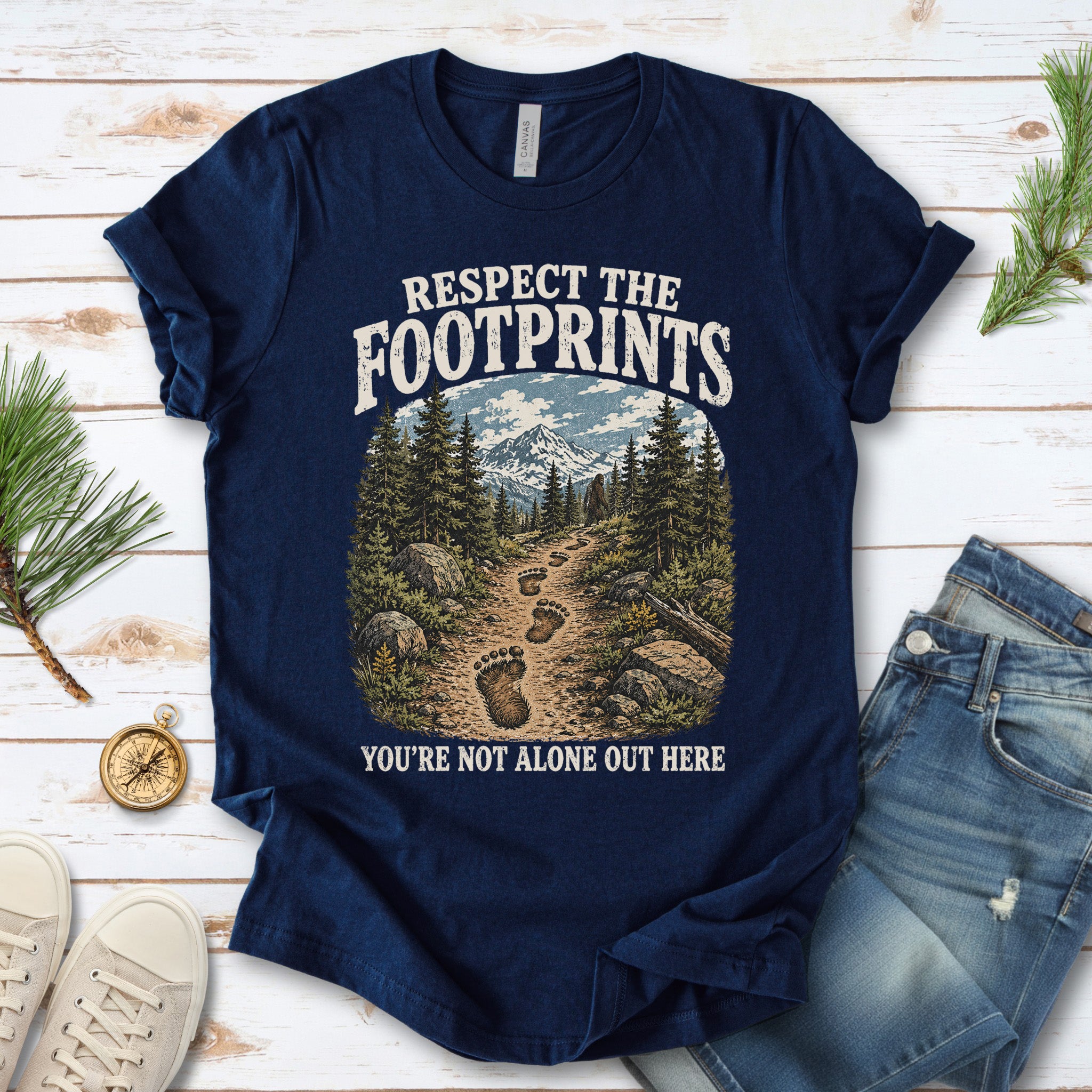 Respect the Footprints Bigfoot Sasquatch Hiking Humor T-Shirt