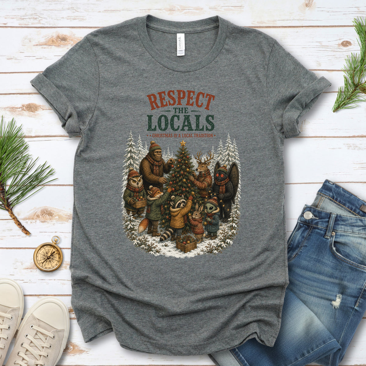 Respect the Locals Christmas Bigfoot Mothman Winter Wildlife T-Shirt