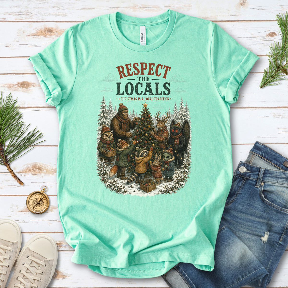 Respect the Locals Christmas Bigfoot Mothman Winter Wildlife T-Shirt