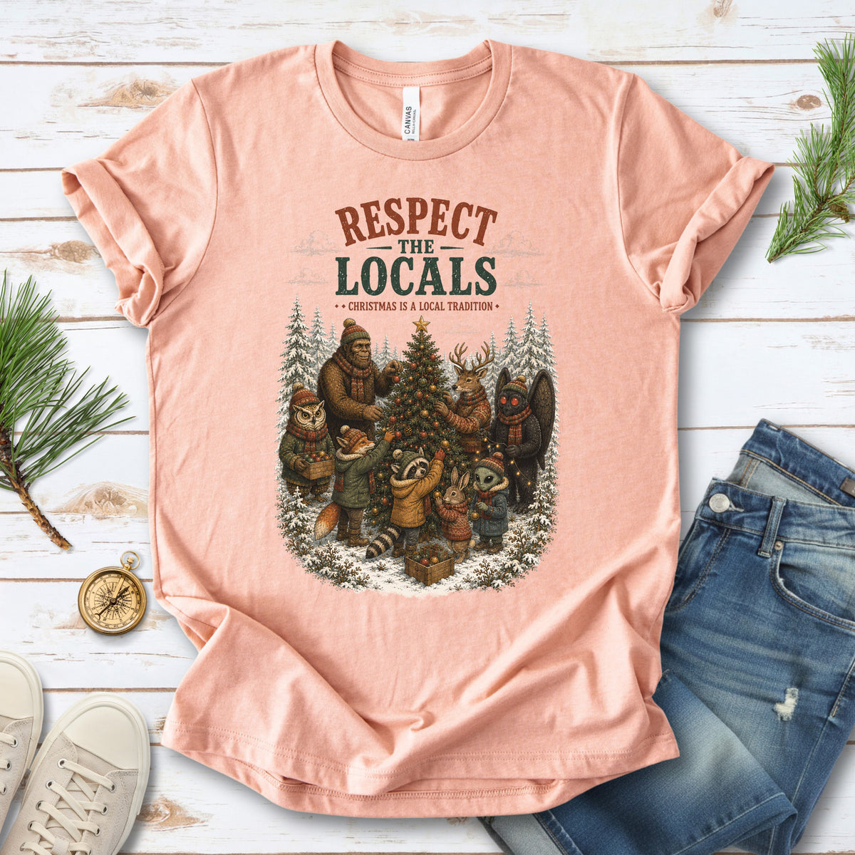 Respect the Locals Christmas Bigfoot Mothman Winter Wildlife T-Shirt