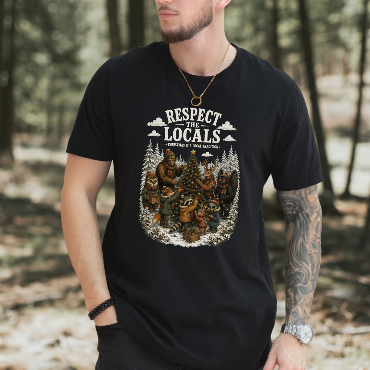 Respect the Locals Christmas Bigfoot Mothman Winter Wildlife T-Shirt
