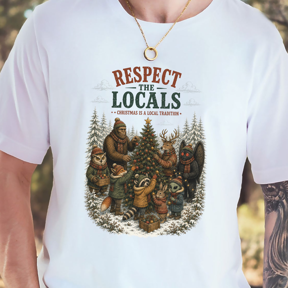 Respect the Locals Christmas Bigfoot Mothman Winter Wildlife T-Shirt