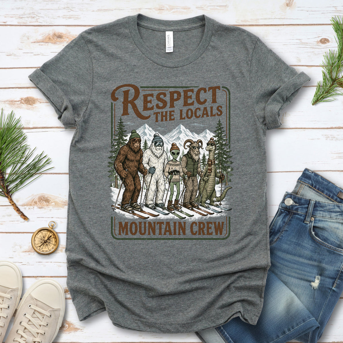 Respect the Locals Mountain Crew T-Shirt – Cryptid Ski Club Winter Graphic