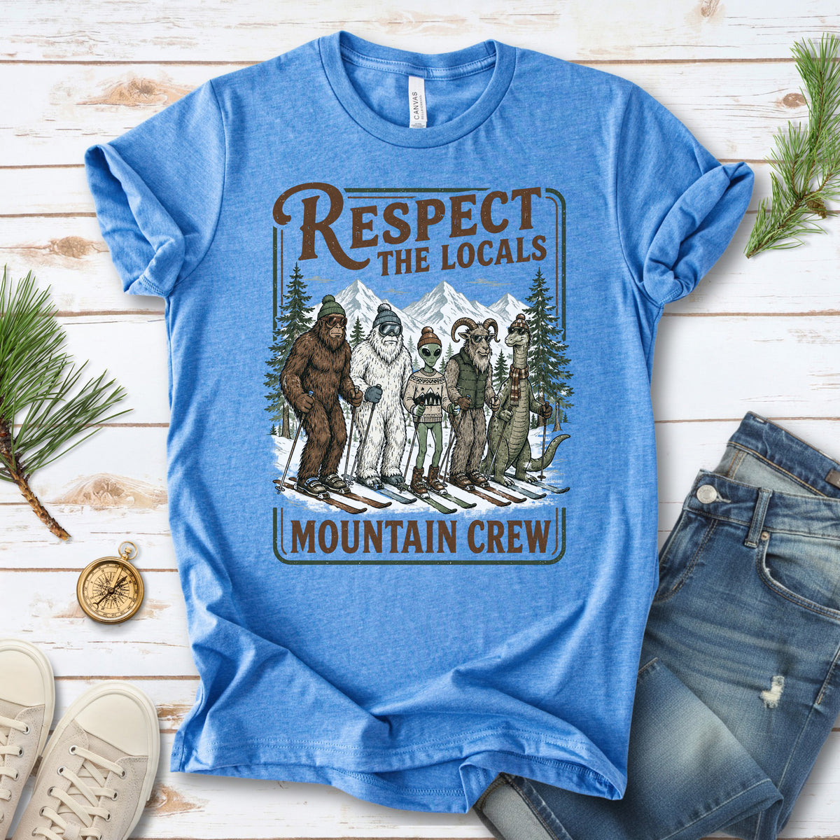 Respect the Locals Mountain Crew T-Shirt – Cryptid Ski Club Winter Graphic