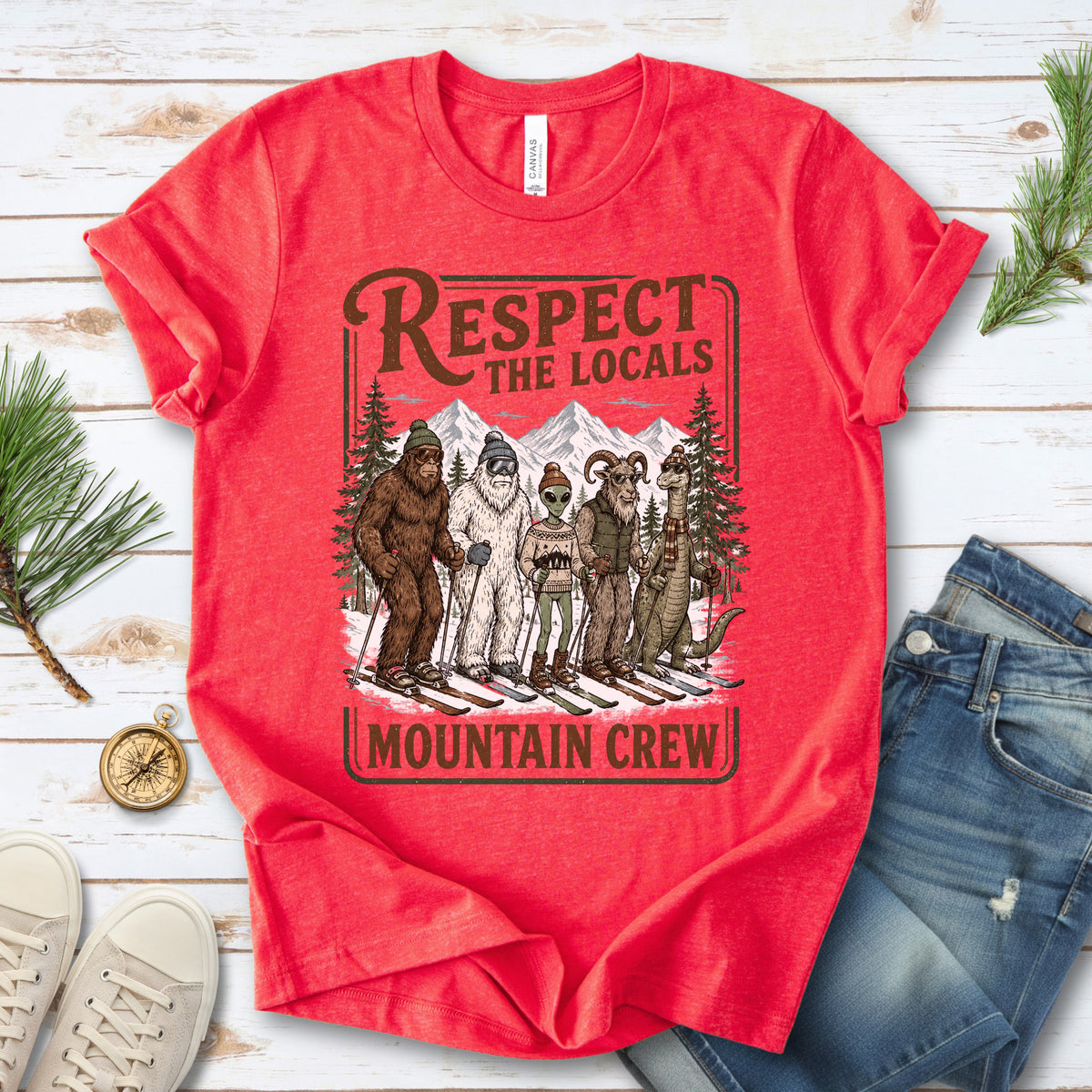 Respect the Locals Mountain Crew T-Shirt – Cryptid Ski Club Winter Graphic