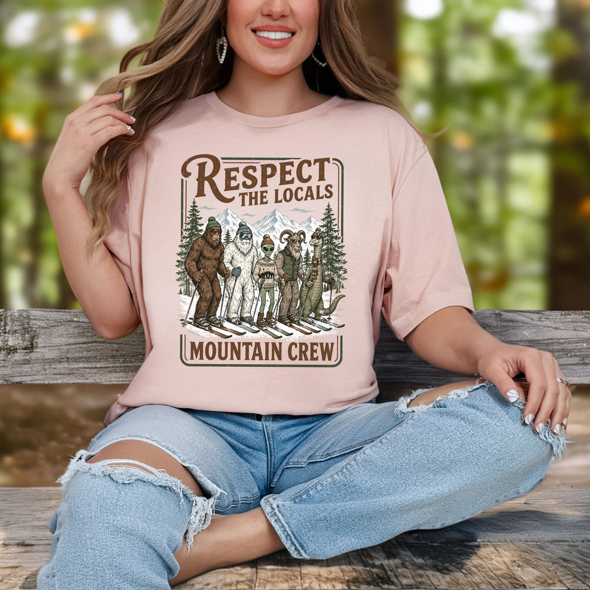 Respect the Locals Mountain Crew T-Shirt – Cryptid Ski Club Winter Graphic