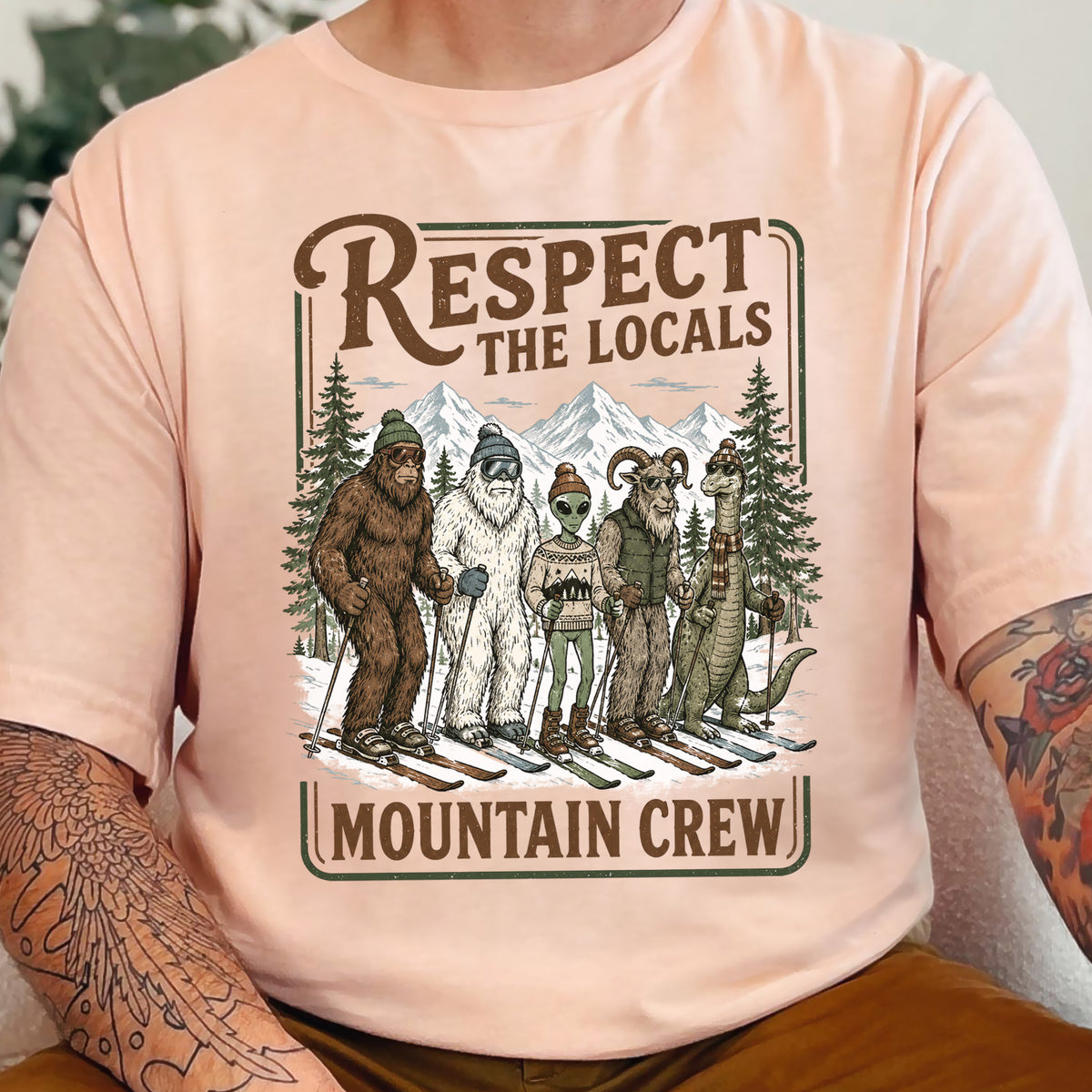 Respect the Locals Mountain Crew T-Shirt – Cryptid Ski Club Winter Graphic