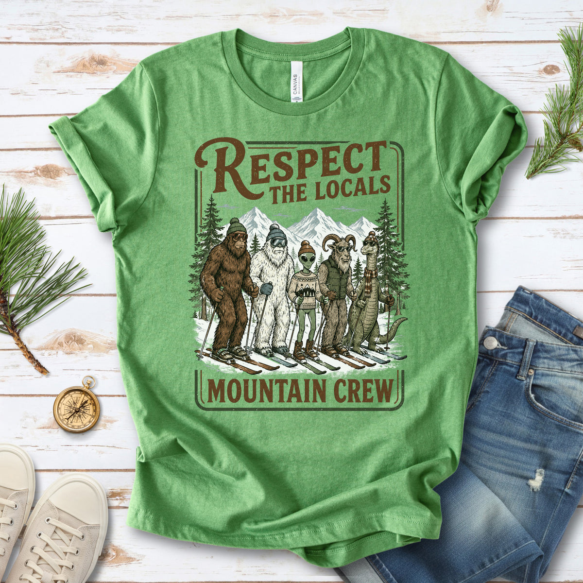 Respect the Locals Mountain Crew T-Shirt – Cryptid Ski Club Winter Graphic