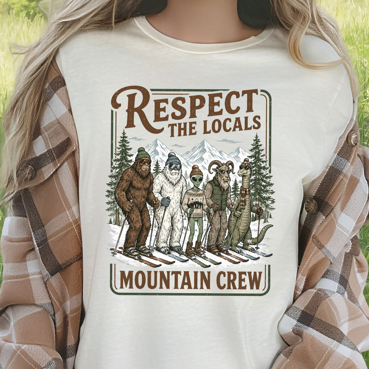 Respect the Locals Mountain Crew T-Shirt – Cryptid Ski Club Winter Graphic