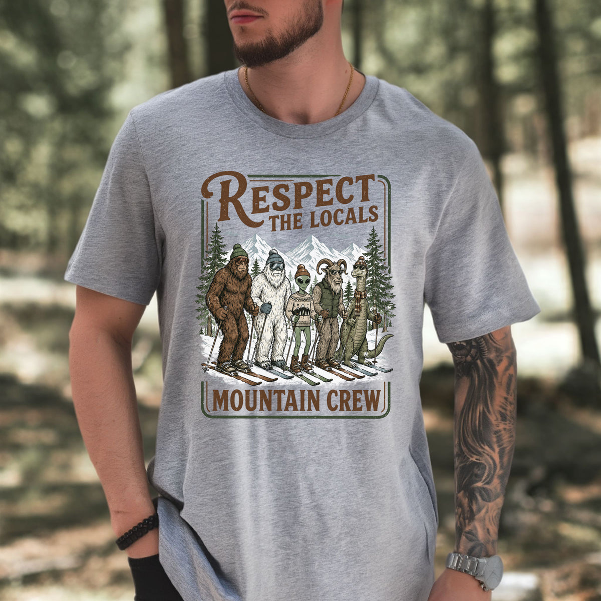 Respect the Locals Mountain Crew T-Shirt – Cryptid Ski Club Winter Graphic