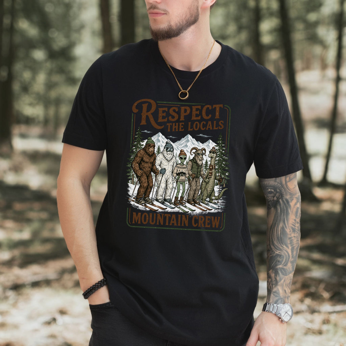 Respect the Locals Mountain Crew T-Shirt – Cryptid Ski Club Winter Graphic