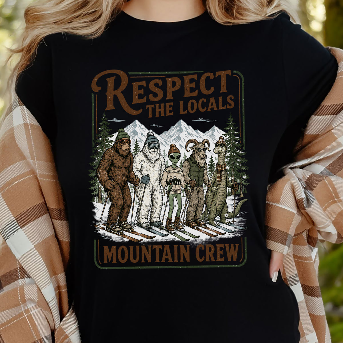 Respect the Locals Mountain Crew T-Shirt – Cryptid Ski Club Winter Graphic