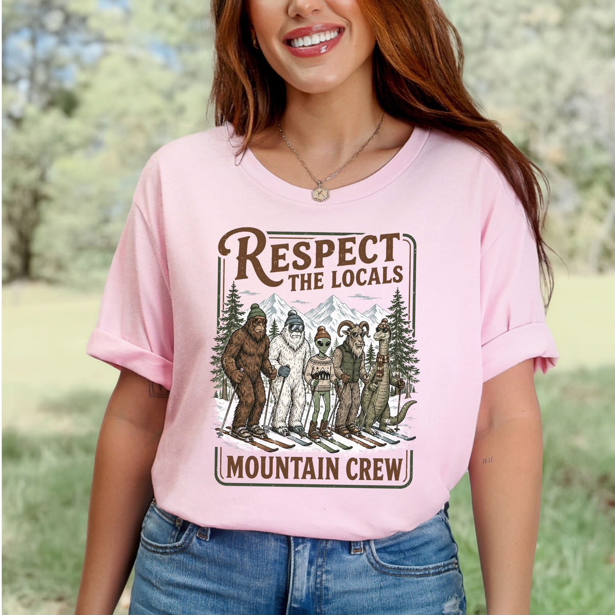 Respect the Locals Mountain Crew T-Shirt – Cryptid Ski Club Winter Graphic