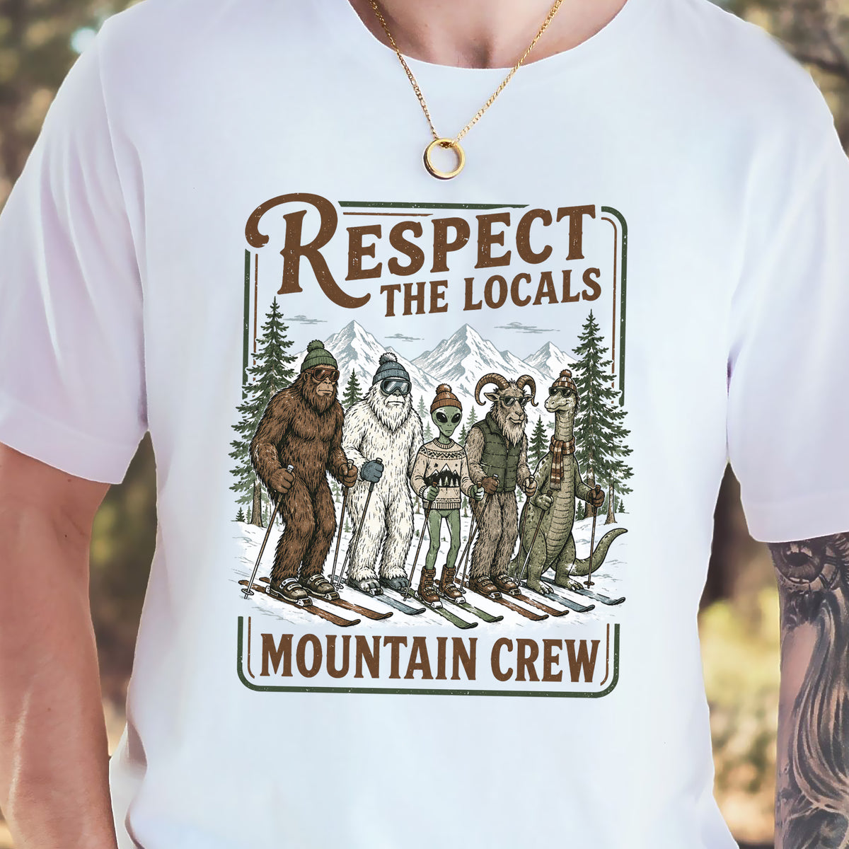 Respect the Locals Mountain Crew T-Shirt – Cryptid Ski Club Winter Graphic