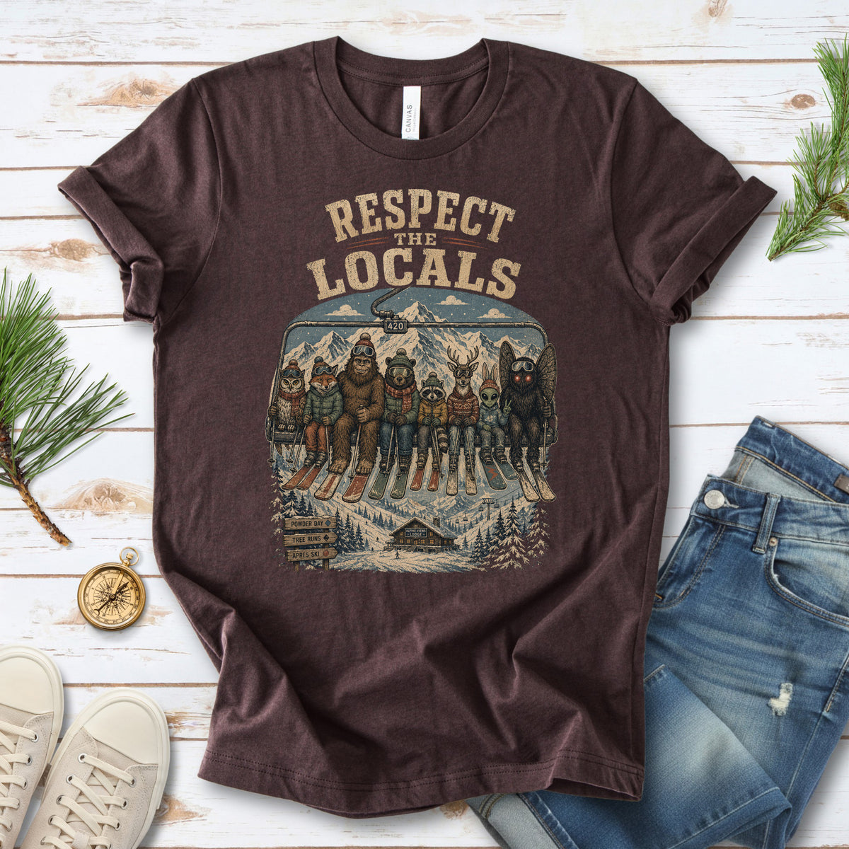 Respect the Locals Ski Lift Mountain Crew Shirt – Winter Wildlife & Cryptid Ski Tee