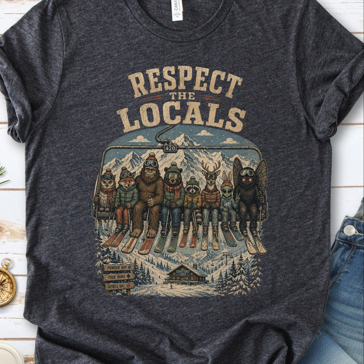 Respect the Locals Ski Lift Mountain Crew Shirt – Winter Wildlife & Cryptid Ski Tee