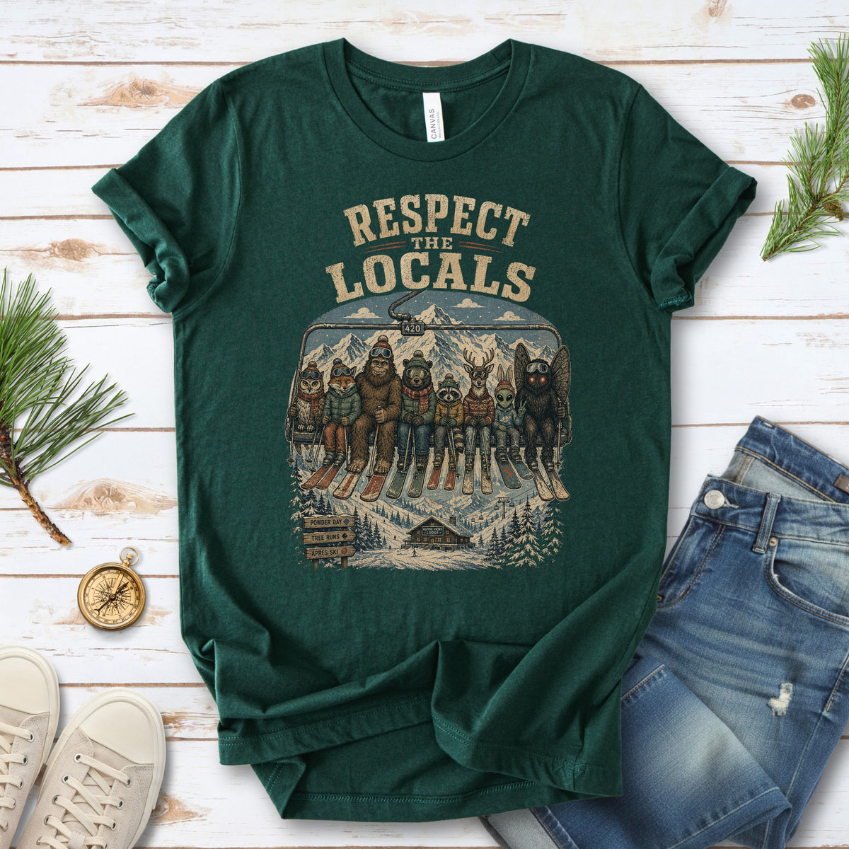 Respect the Locals Ski Lift Mountain Crew Shirt – Winter Wildlife & Cryptid Ski Tee
