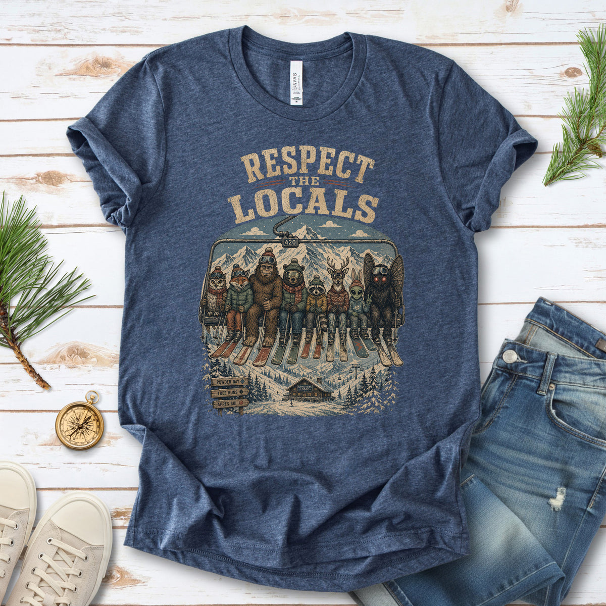 Respect the Locals Ski Lift Mountain Crew Shirt – Winter Wildlife & Cryptid Ski Tee