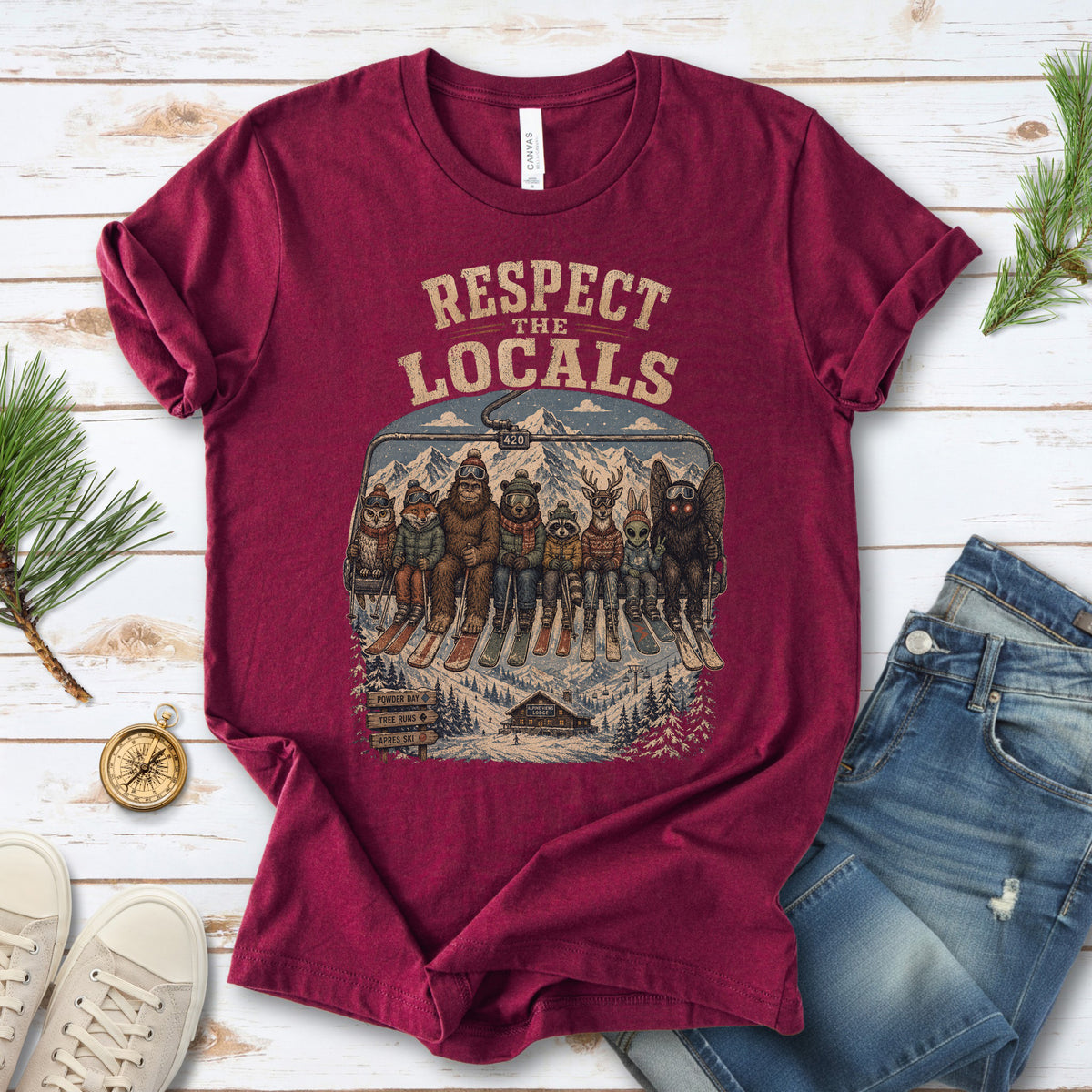 Respect the Locals Ski Lift Mountain Crew Shirt – Winter Wildlife & Cryptid Ski Tee