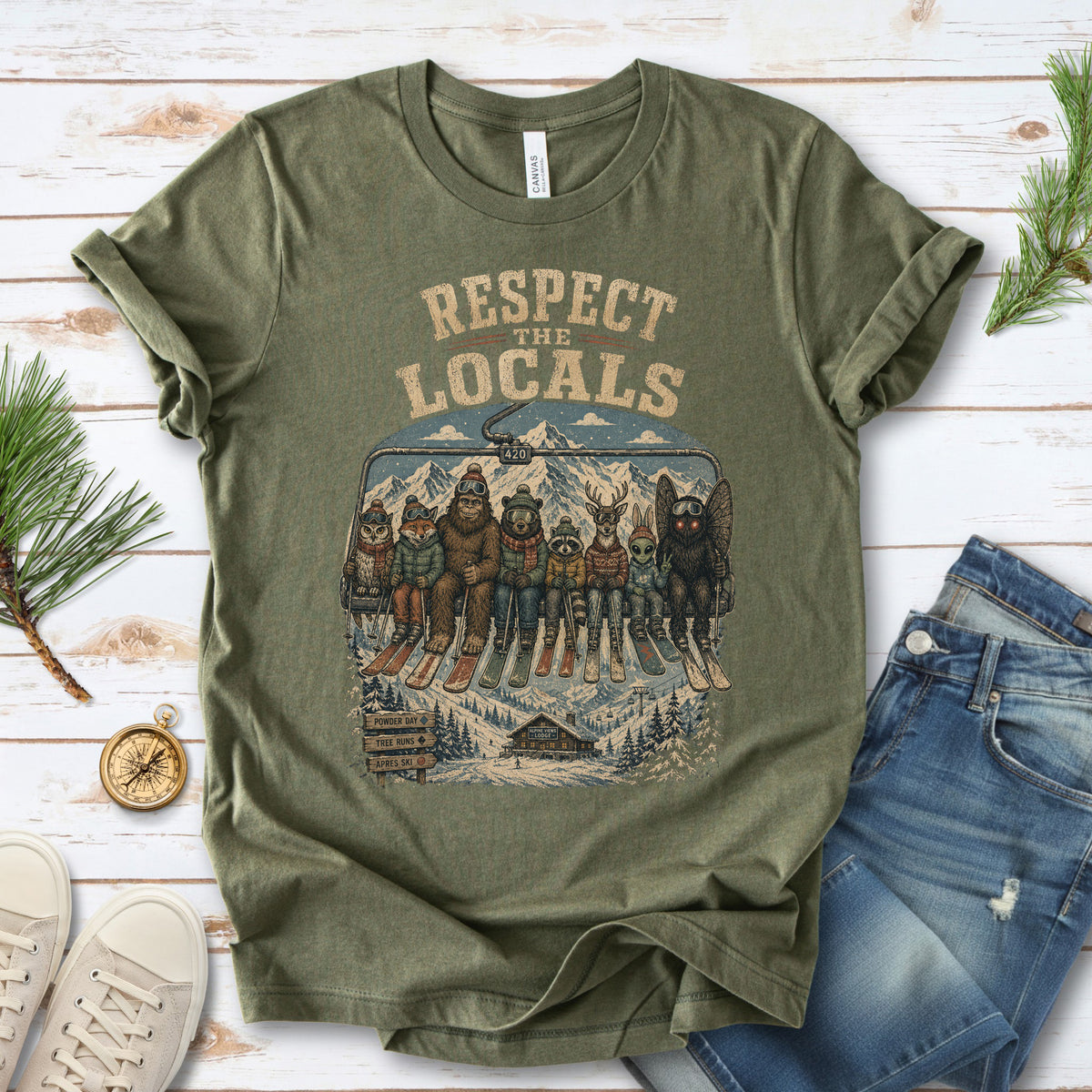 Respect the Locals Ski Lift Mountain Crew Shirt – Winter Wildlife & Cryptid Ski Tee