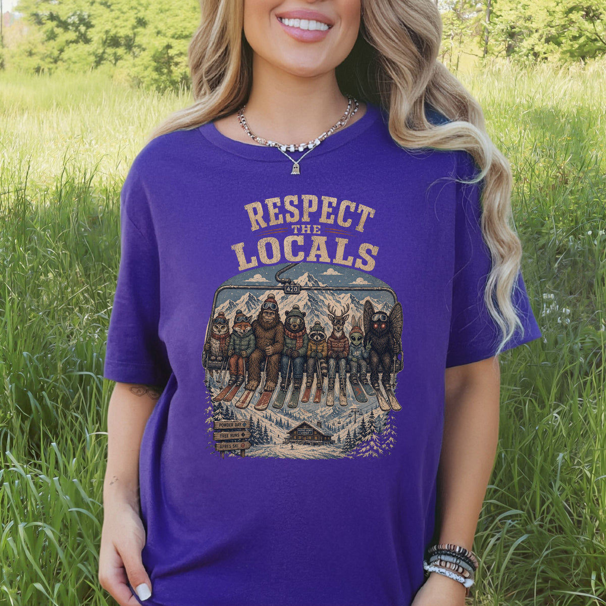 Respect the Locals Ski Lift Mountain Crew Shirt – Winter Wildlife & Cryptid Ski Tee