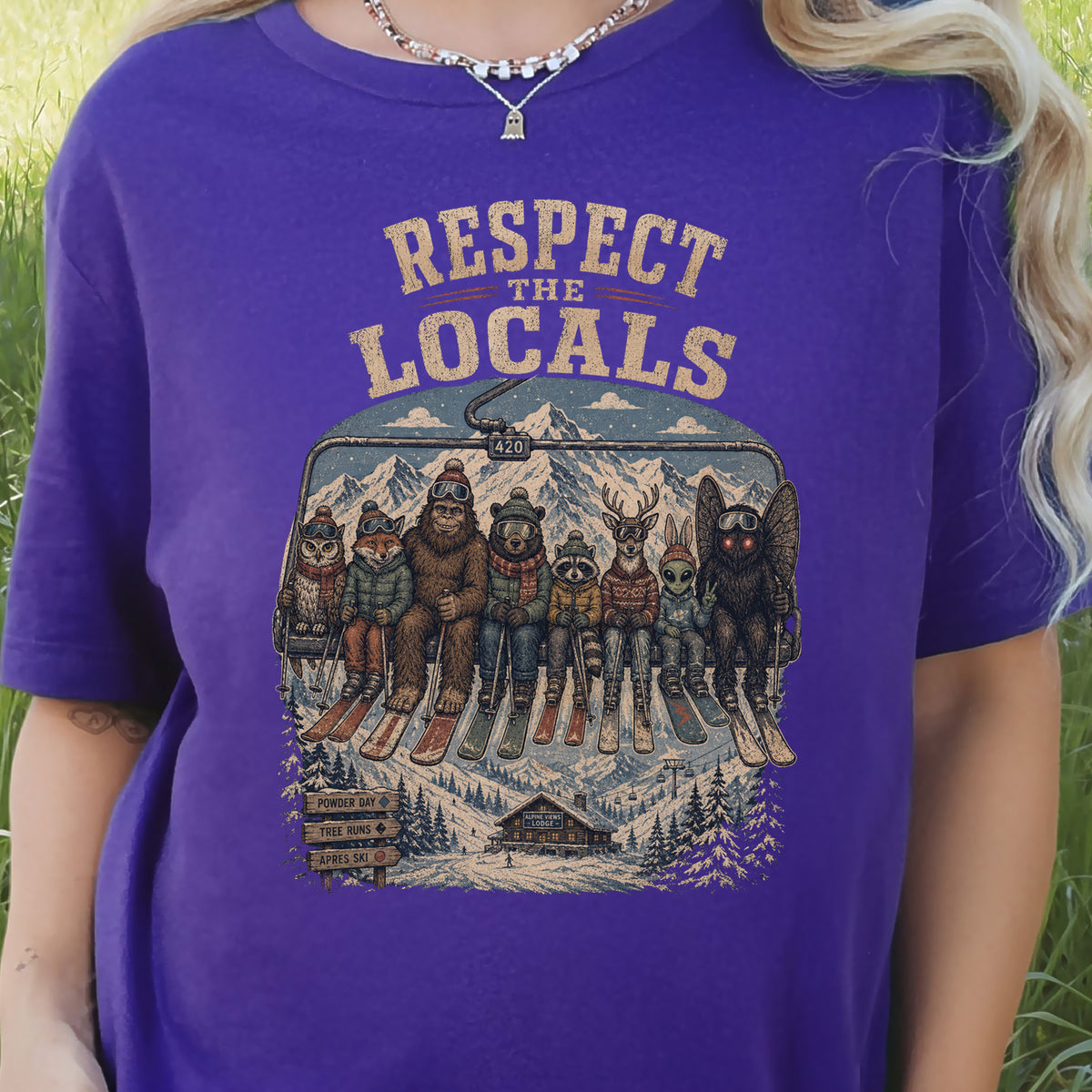 Respect the Locals Ski Lift Mountain Crew Shirt – Winter Wildlife & Cryptid Ski Tee