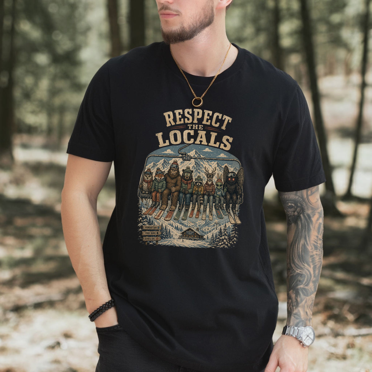 Respect the Locals Ski Lift Mountain Crew Shirt – Winter Wildlife & Cryptid Ski Tee