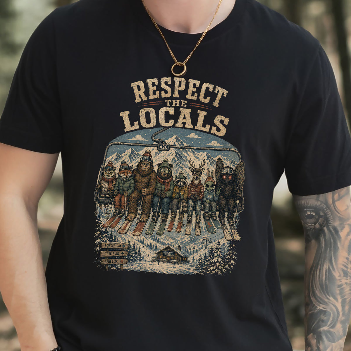 Respect the Locals Ski Lift Mountain Crew Shirt – Winter Wildlife & Cryptid Ski Tee