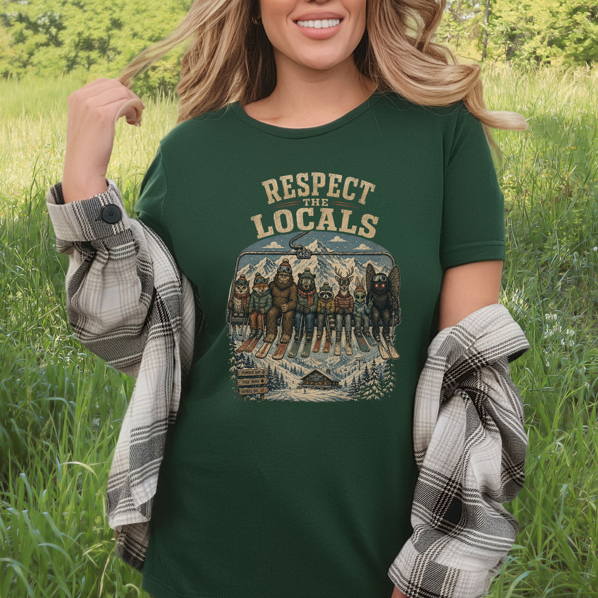 Respect the Locals Ski Lift Mountain Crew Shirt – Winter Wildlife & Cryptid Ski Tee