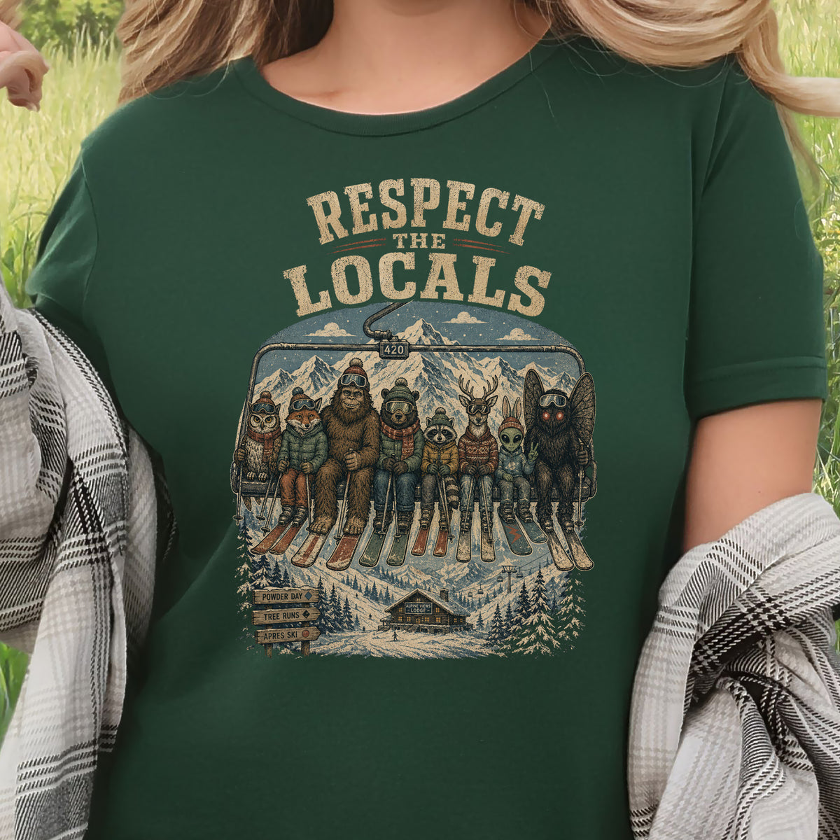 Respect the Locals Ski Lift Mountain Crew Shirt – Winter Wildlife & Cryptid Ski Tee