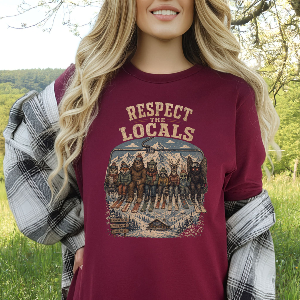 Respect the Locals Ski Lift Mountain Crew Shirt – Winter Wildlife & Cryptid Ski Tee