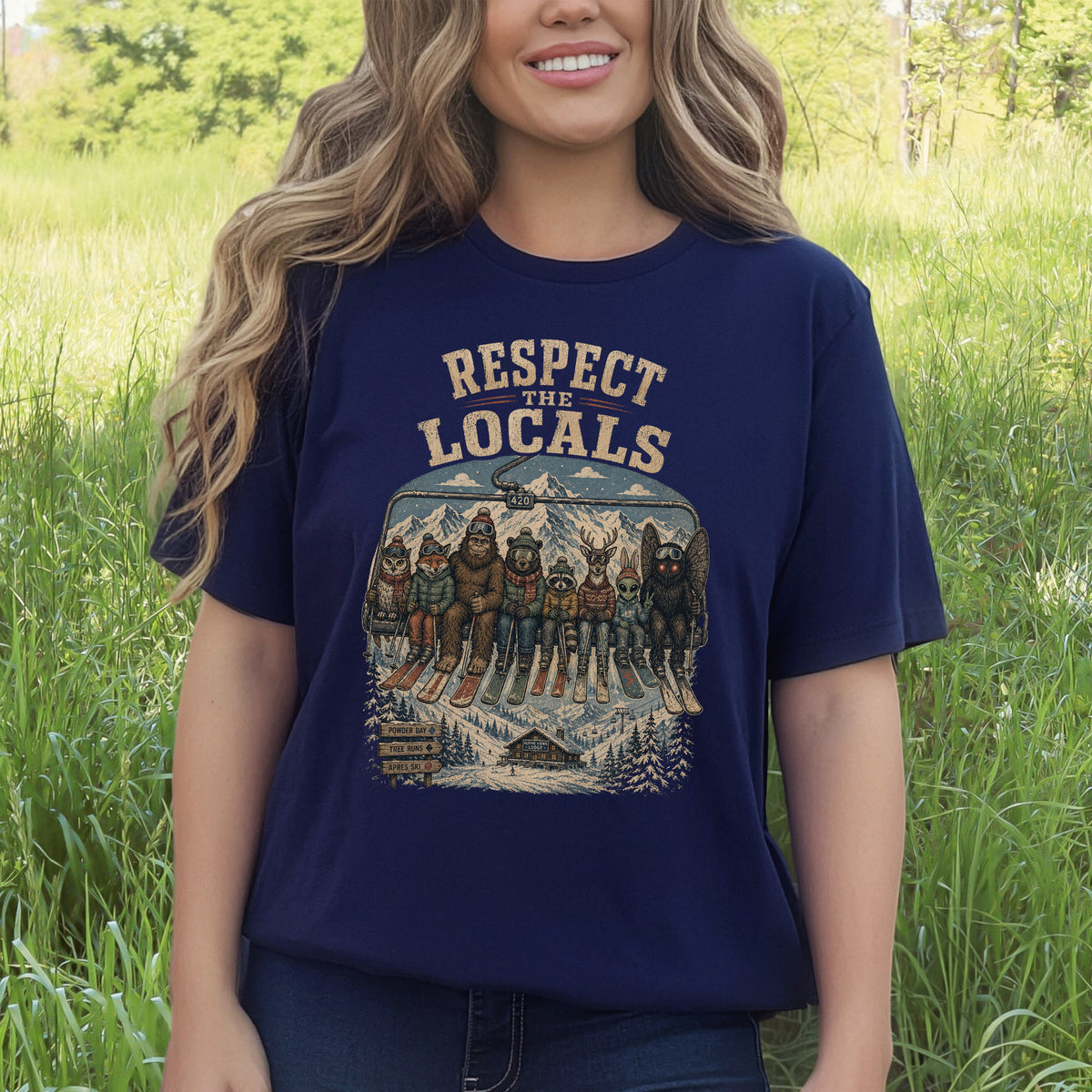Respect the Locals Ski Lift Mountain Crew Shirt – Winter Wildlife & Cryptid Ski Tee