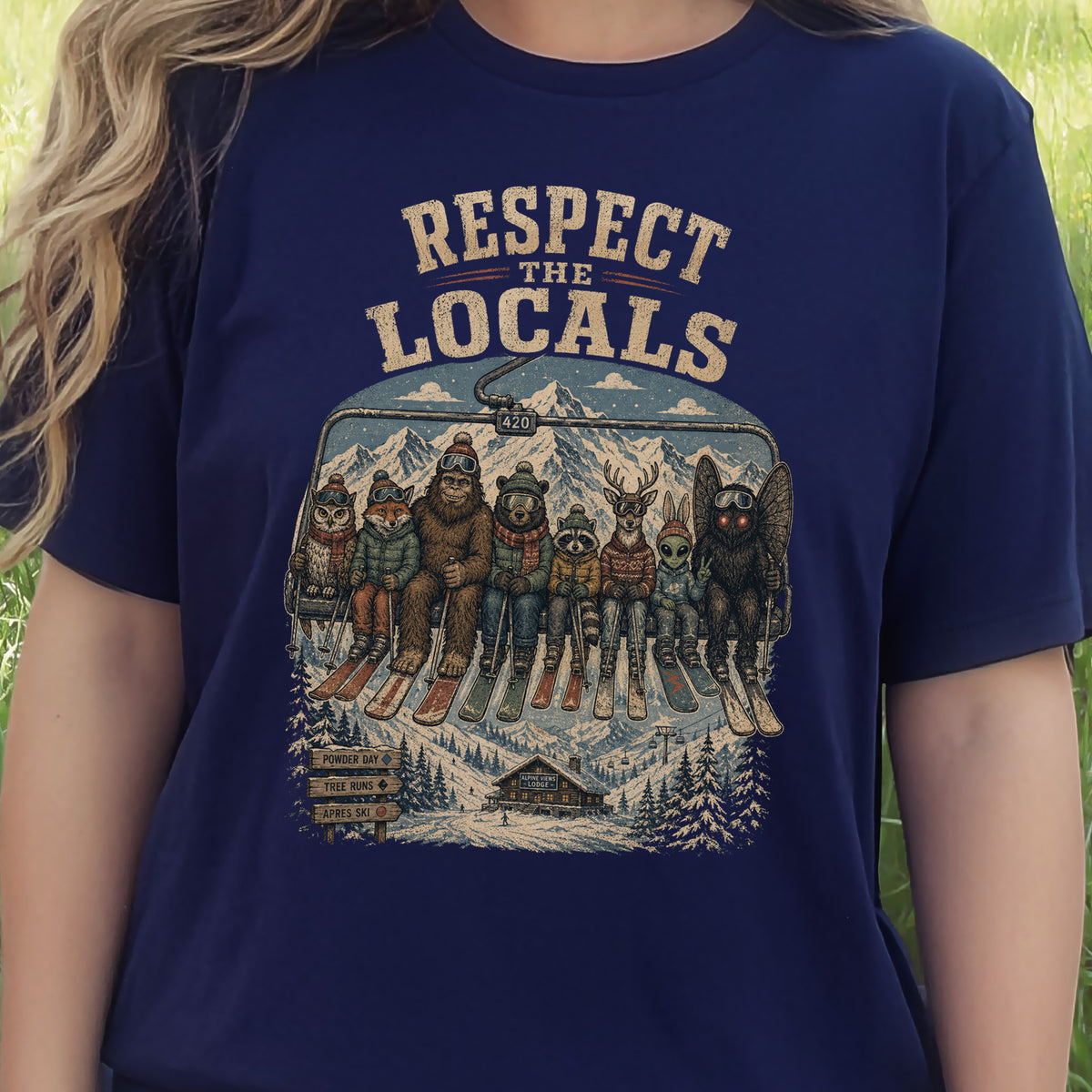 Respect the Locals Ski Lift Mountain Crew Shirt – Winter Wildlife & Cryptid Ski Tee