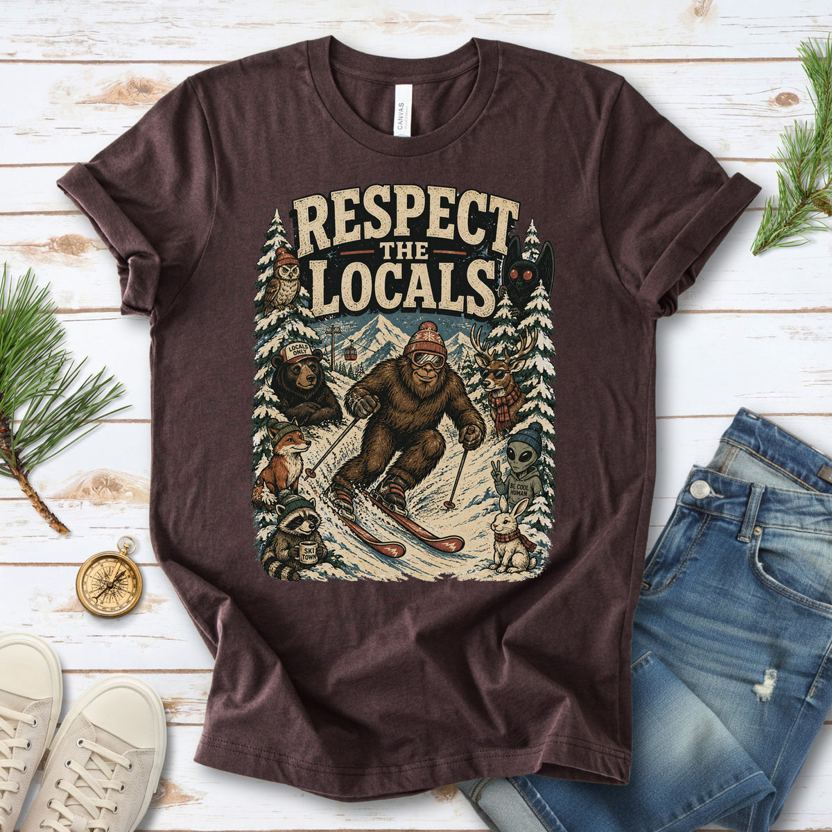 Respect the Locals Winter Ski Crew Shirt – Cryptid Wildlife Ski Tee