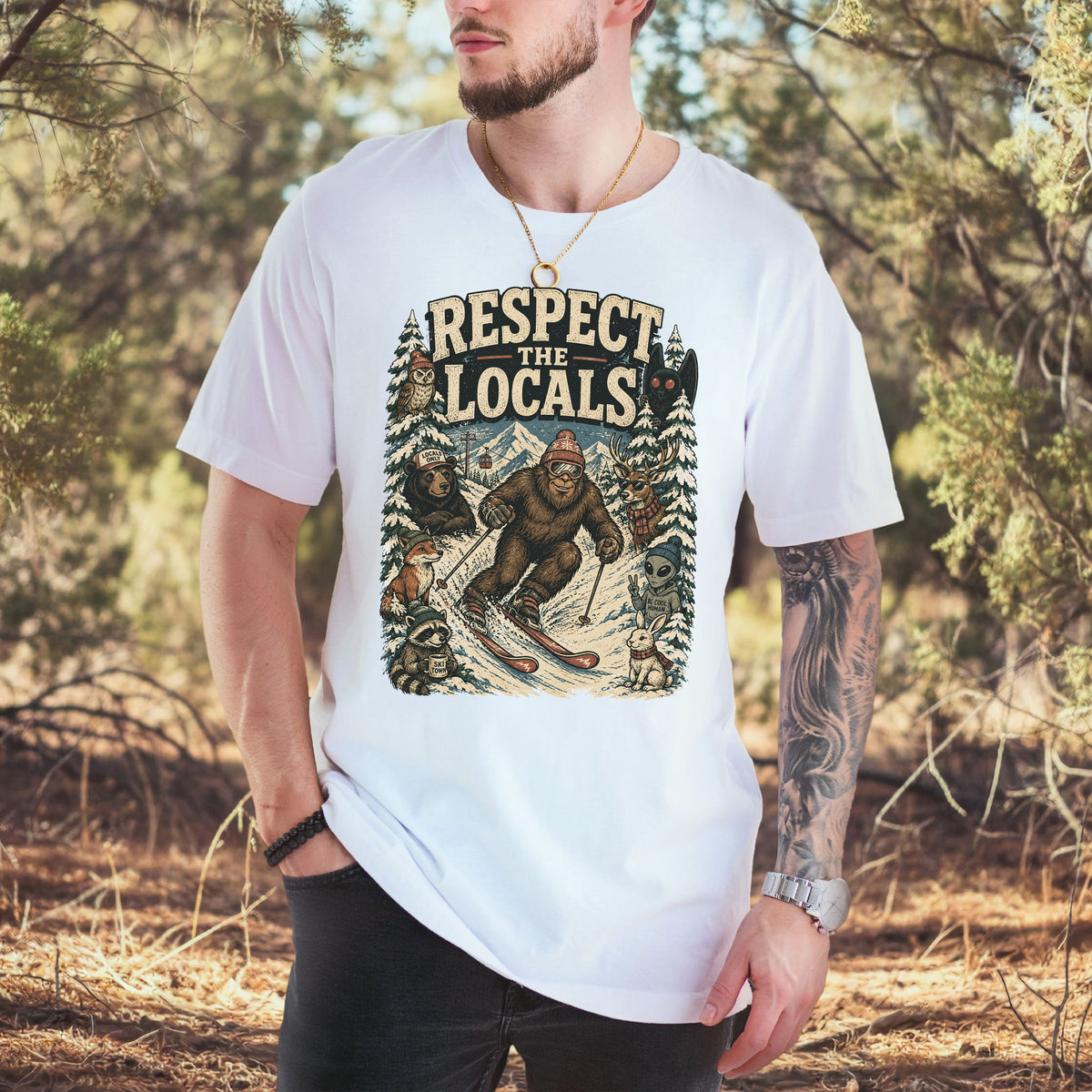 Respect the Locals Winter Ski Crew Shirt – Cryptid Wildlife Ski Tee